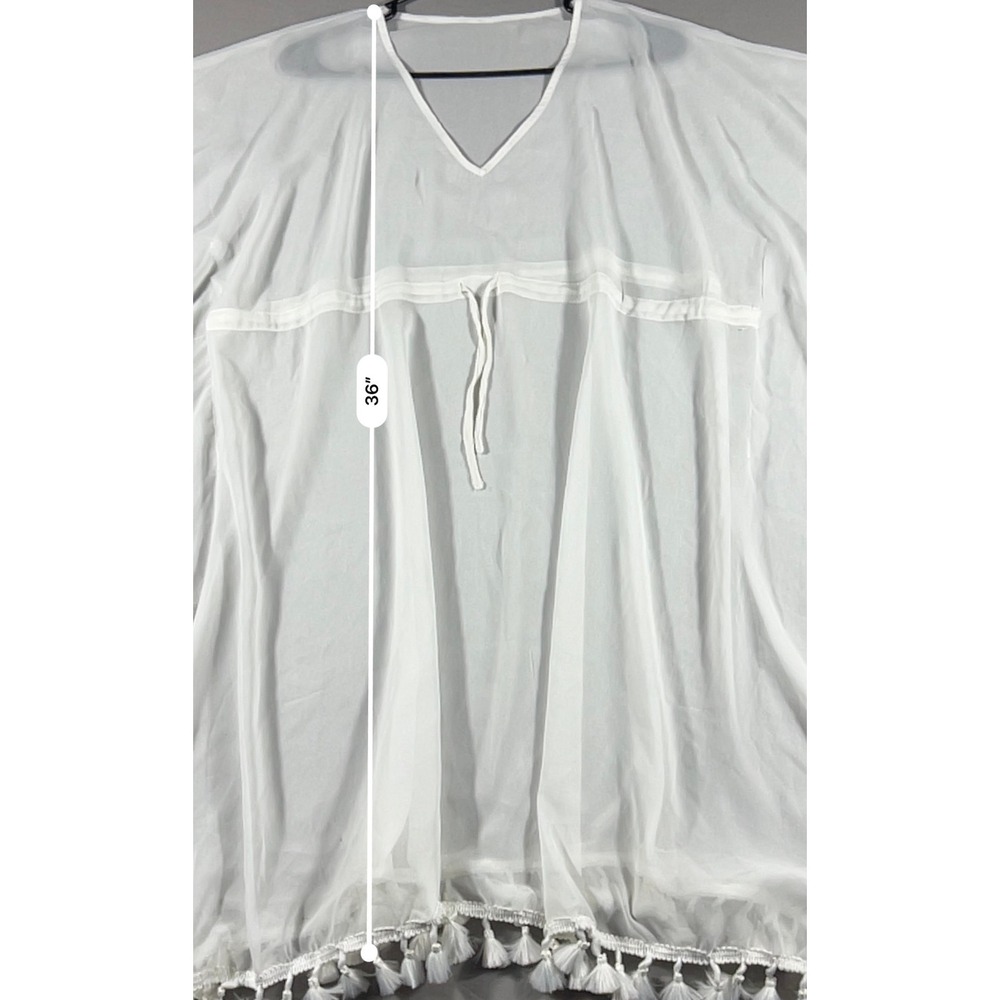 Tavik Women White Sheer Tassel Kaftan Beach Swim Cover Up V-Neck Drawstring OS - Picture 4 of 8